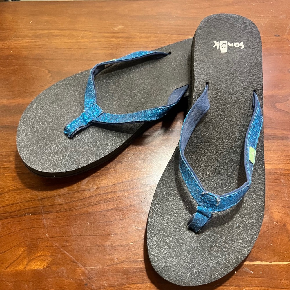 Sanuk Yoga Mat Flip Flops Womens 6 Blue Glitter Sparkle Thong Sandals S1102728